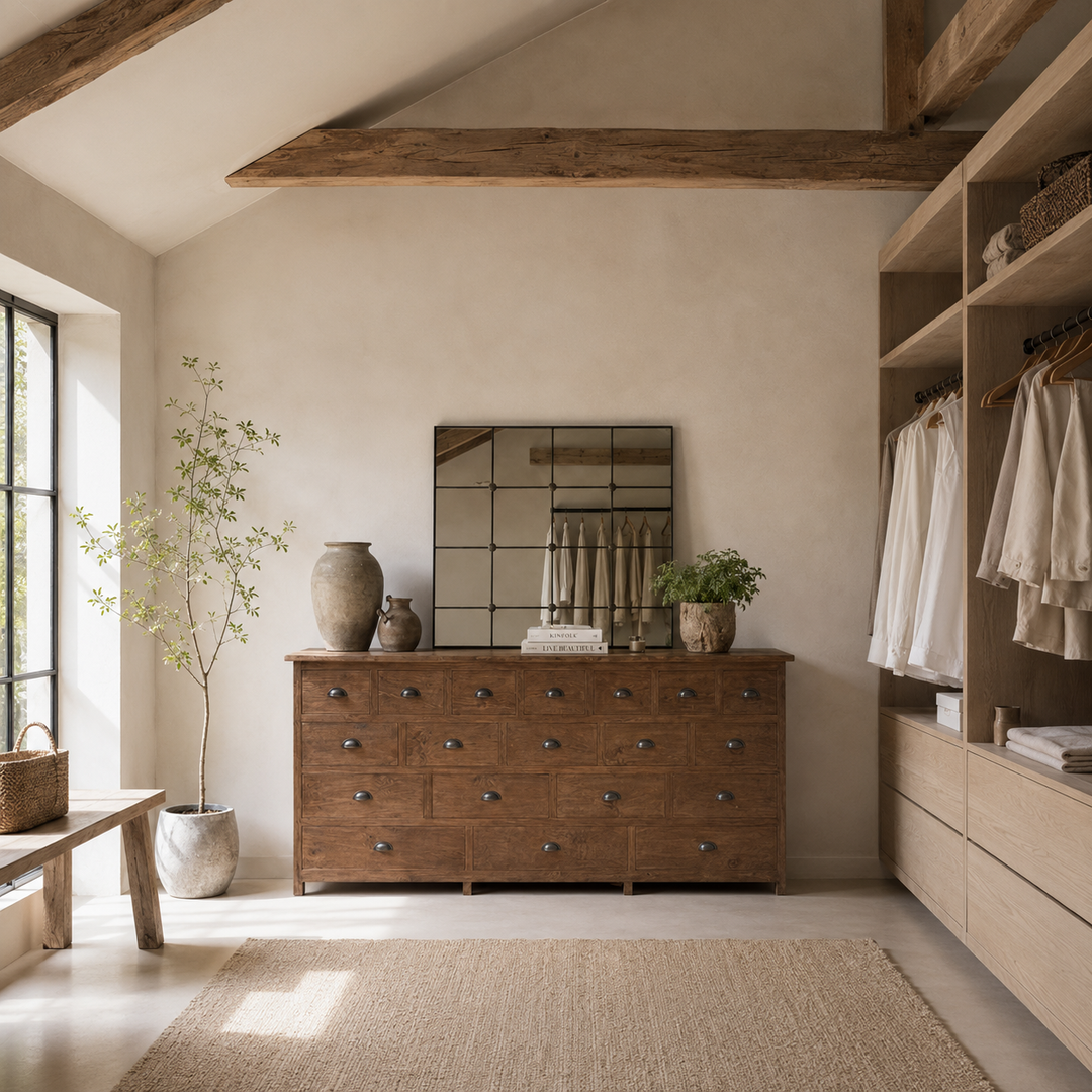 The Chiswick Solid Teak Multi Drawer Chest styled within a thoughtfully designed dressing room, demonstrating how this handcrafted solid teak storage cabinet brings warmth, organisation and understated luxury to contemporary and period interiors alike.