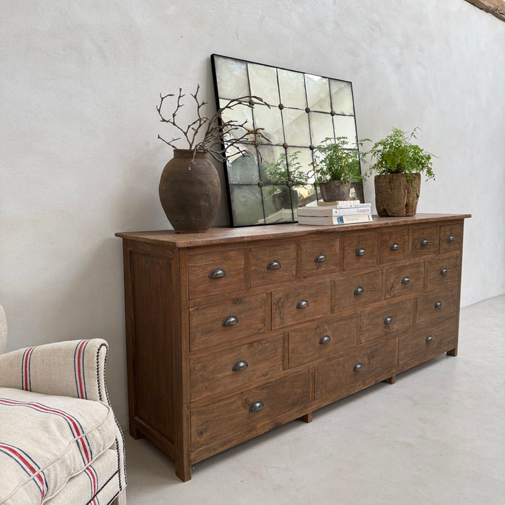 Three-quarter view of the Chiswick Solid Teak Sideboard showcasing its versatility as a dining room storage cabinet, combining practical organisation with timeless handcrafted design.