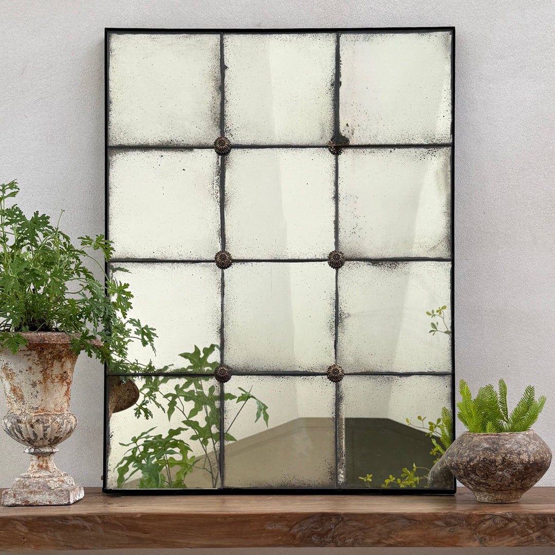 Cosima decorative hallway mirror with foxed antiqued glass and classic window design, perfect for entrance halls, bathrooms and contemporary country interiors.