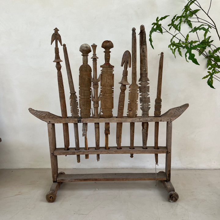 Antique Berber Carved Wooden Tent Peg Collection on Stand