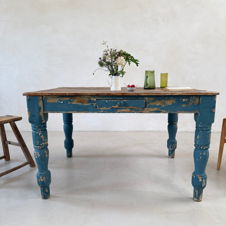 Antique Victorian Pine Dining Table with Original Blue Paint