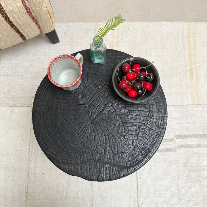 Round wooden side table | Carved