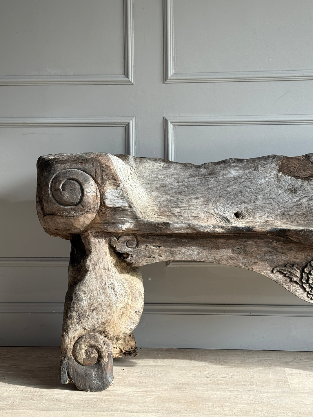 Antique Indonesian weathered carved bench
