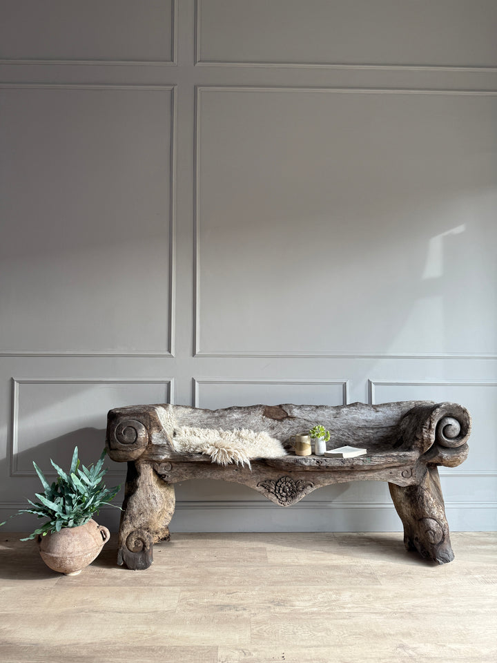 Antique Indonesian weathered carved bench