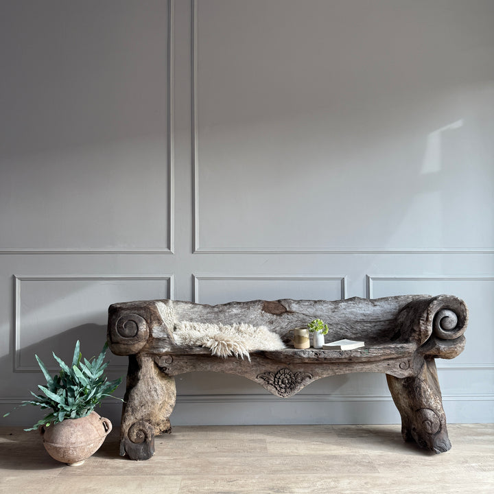 Antique Indonesian weathered carved bench