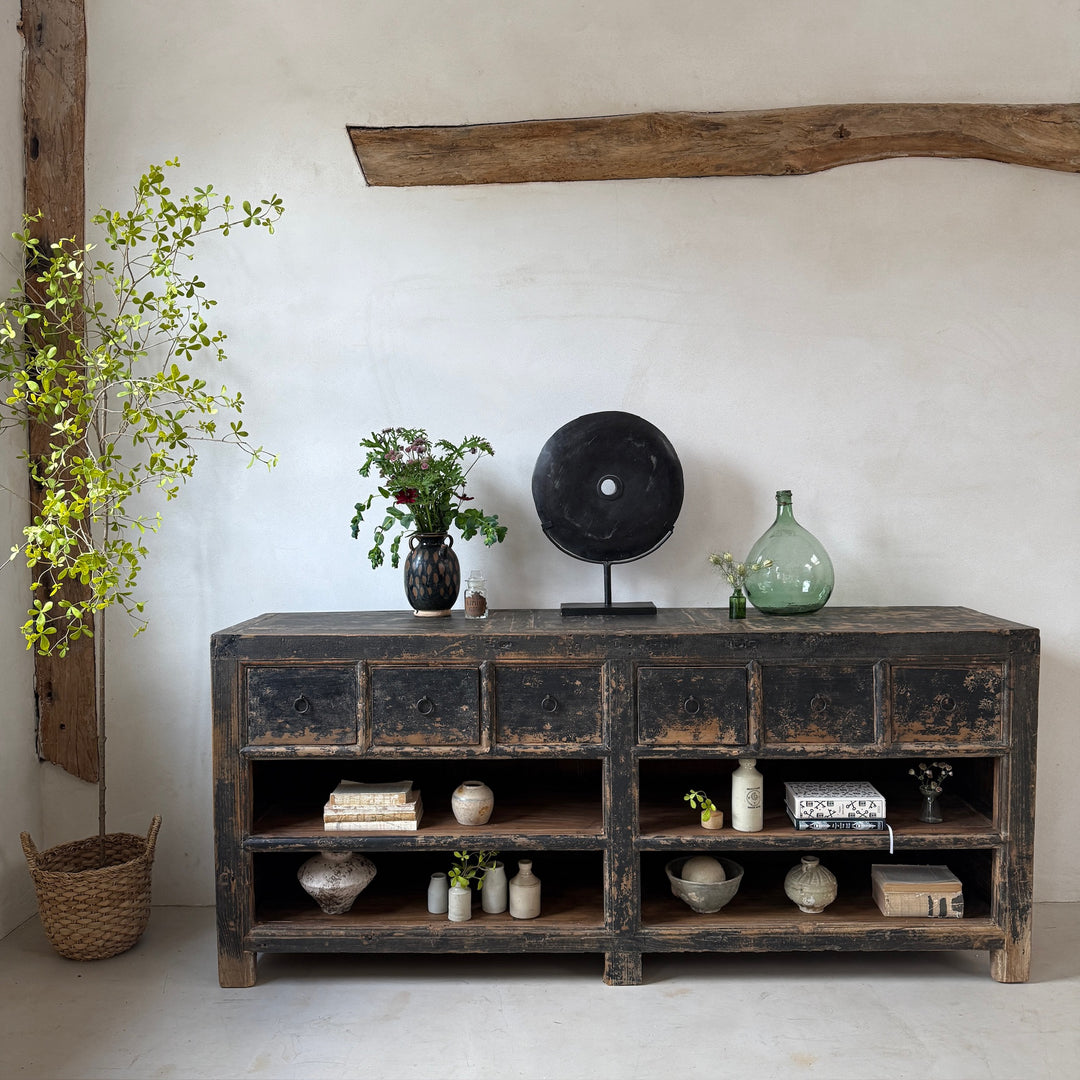 Antique black rustic shop counter with drawers | Ashley
