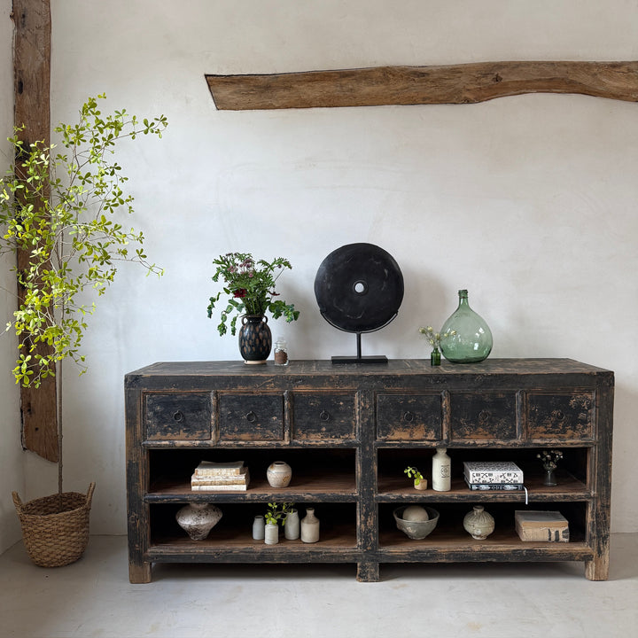 Antique black rustic shop counter with drawers | Ashley