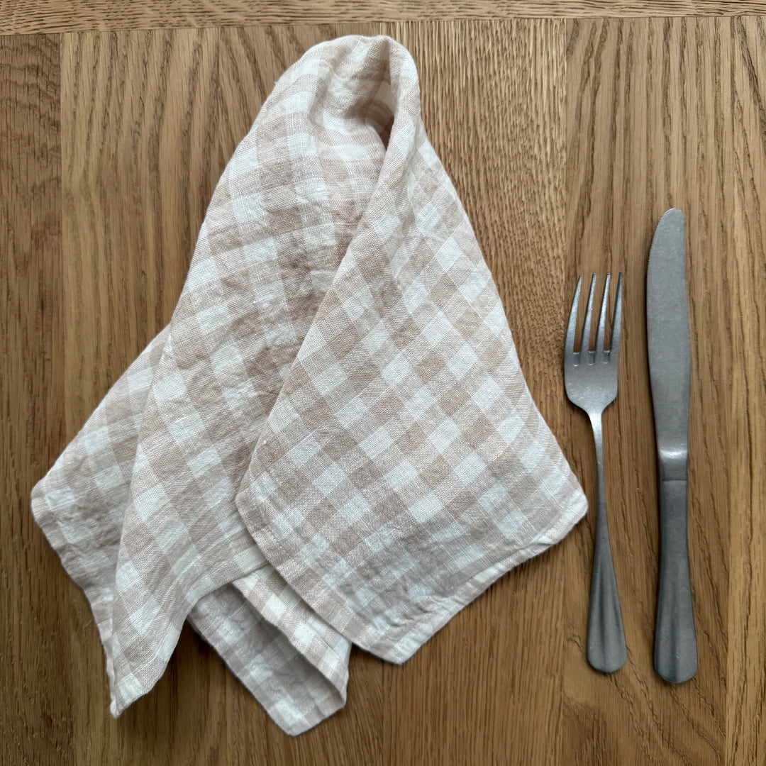 Oatmeal &amp; White Gingham Check Linen Napkin | 45x45cm
