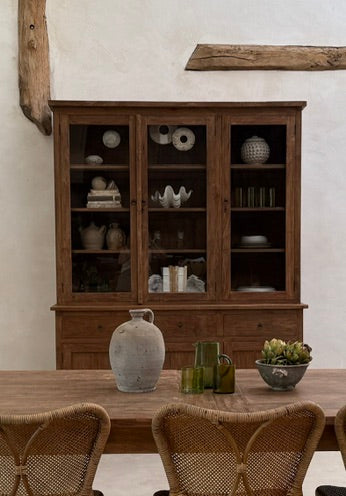 Eton dark wood glazed display cabinet handcrafted from reclaimed teak, perfect for displaying tableware and decorative collections.