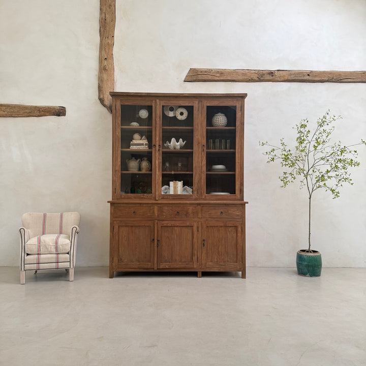 Full front view of the Eton reclaimed teak glazed dresser cabinet, handcrafted from solid salvaged teak for kitchens, dining rooms and living spaces.