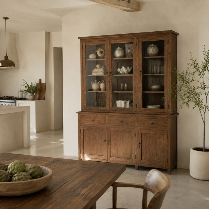 Eton reclaimed teak glazed cabinet styled in a contemporary country kitchen, handcrafted from solid reclaimed teak with warm dark wood tones.