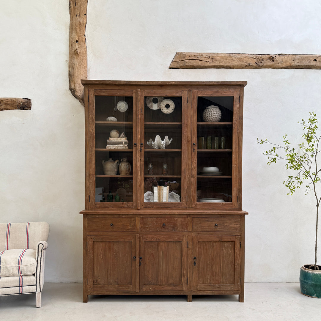 Eton reclaimed teak glazed dresser cabinet handcrafted from solid salvaged teak with glazed display shelves, drawers and cupboard storage for dining rooms and kitchens.