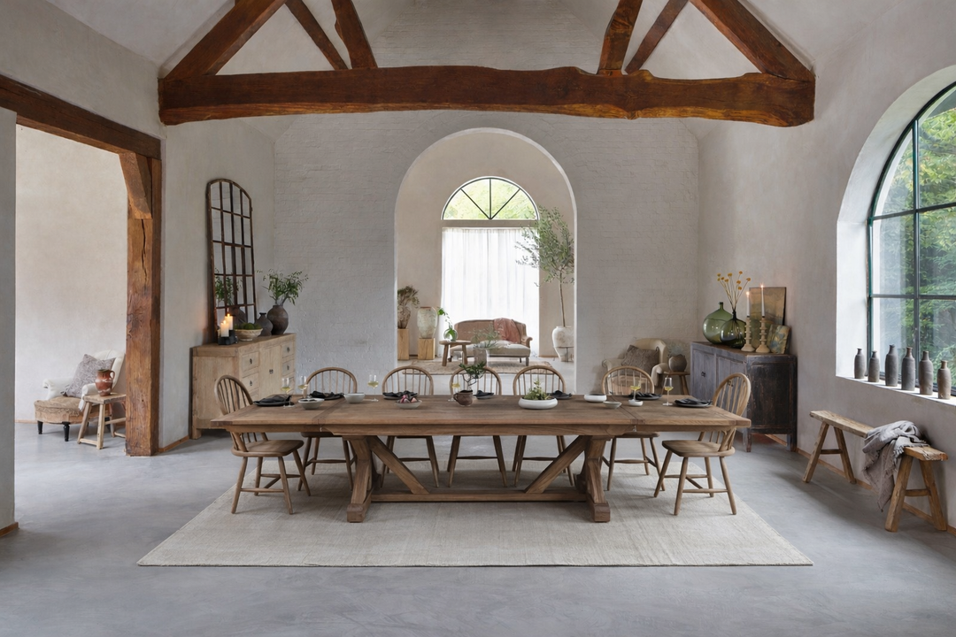 The Extending Oak Dining Table displayed in a light-filled contemporary barn interior with vaulted ceilings, exposed oak beams and Windsor dining chairs. Crafted from solid oak with a timeless trestle base, this generously proportioned extending dining table is designed for relaxed entertaining, family gatherings and everyday living, bringing natural warmth and understated elegance to contemporary country homes.