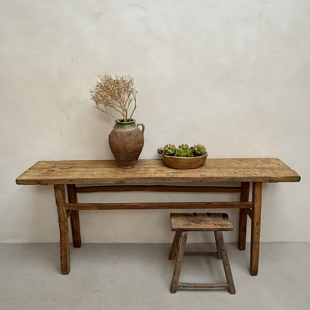 Wooden table with a vase and bowl on a plain background