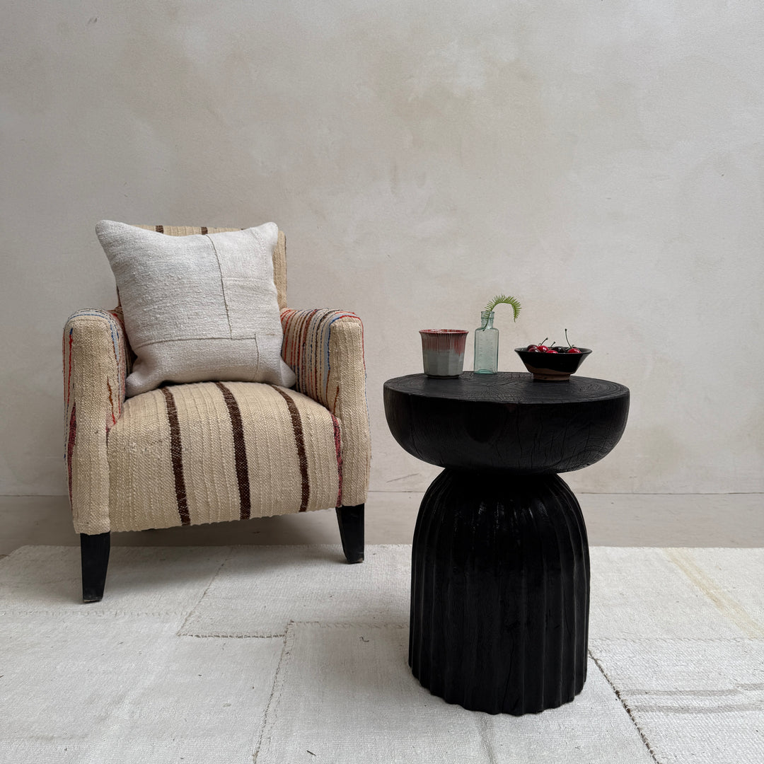 Round wooden side table | Carved