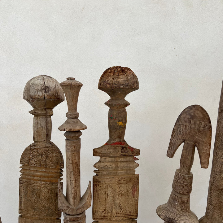 Antique Berber Carved Wooden Tent Peg Collection on Stand