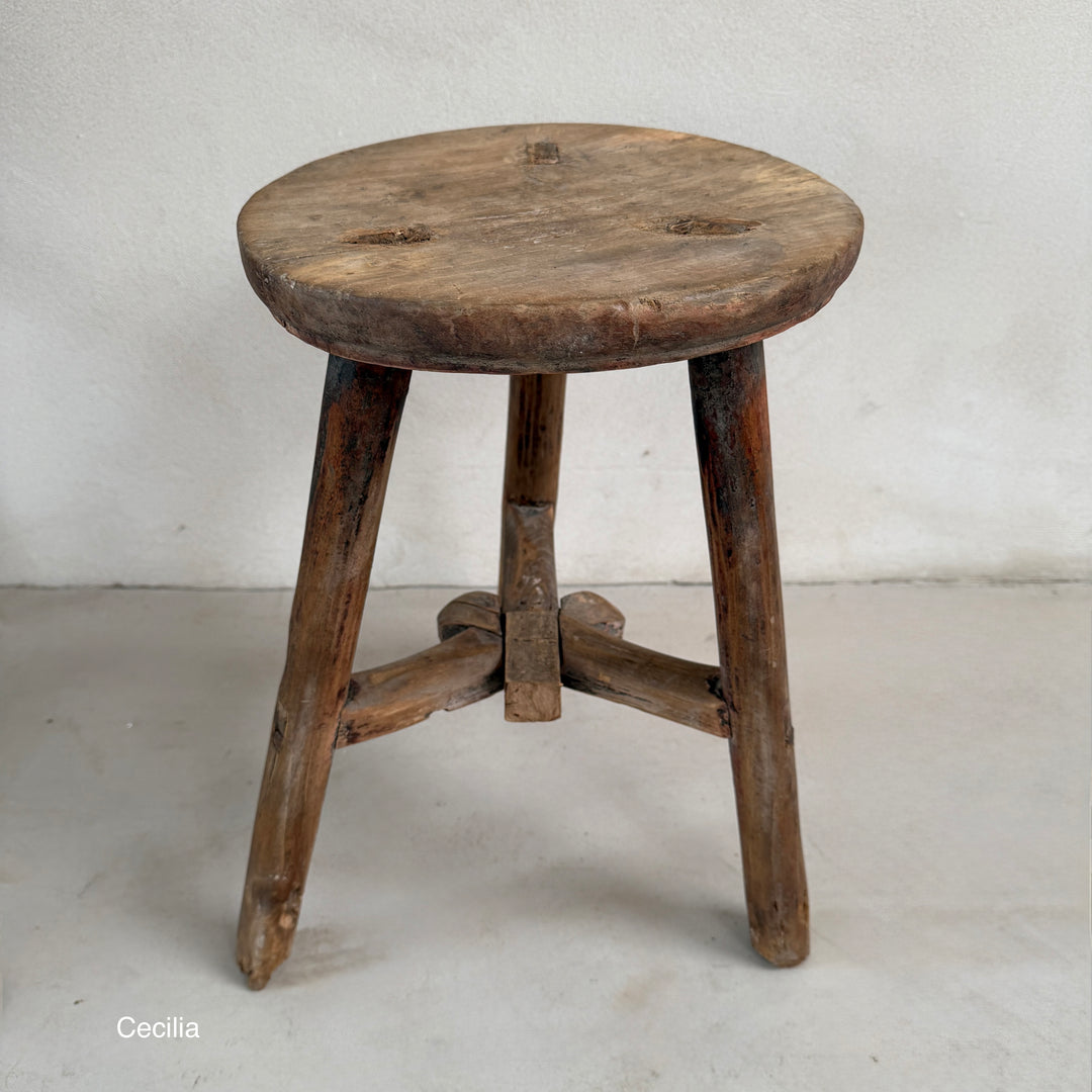 Antique Rustic Round Top Stool