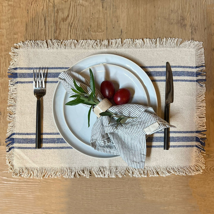 French Blue Stripe Placemat on Home Barn Cotswold table