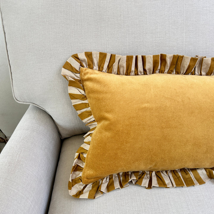 Frilled velvet cushion | Yellow