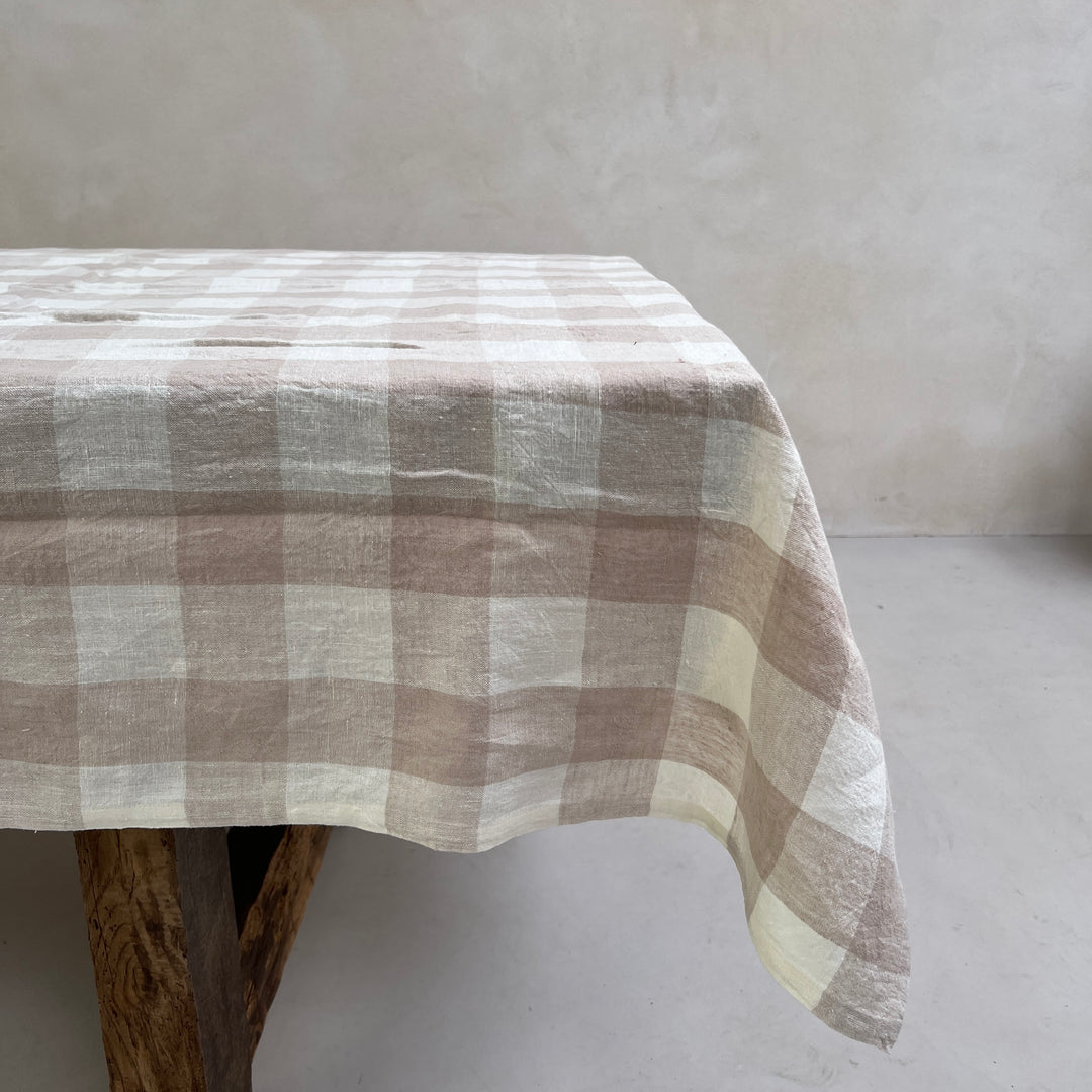 Neutral checked linen table cloth