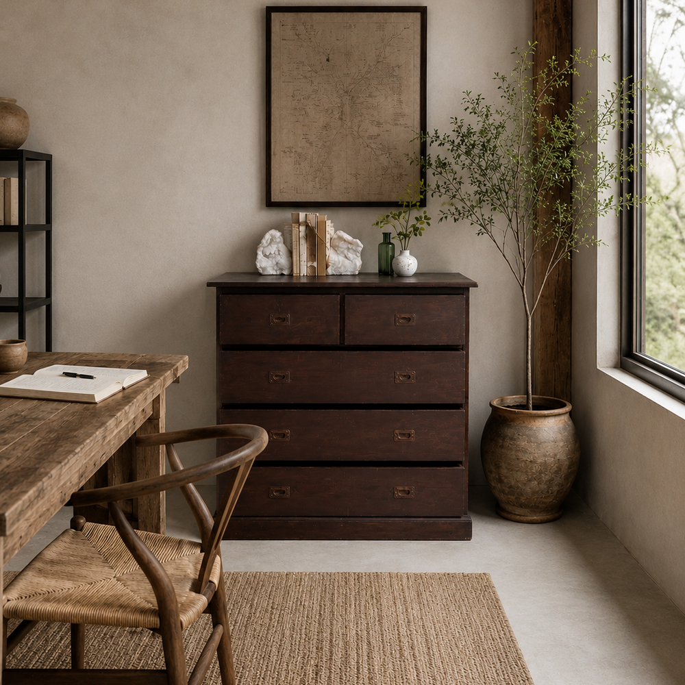 Antique campaign chest Nestled corner of a room with wooden furniture, including a desk and dresser, and a large window.