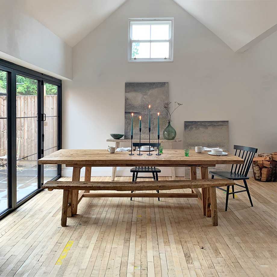 Hand Crafted Salvaged Dining Table in a marlow house with antique interiors