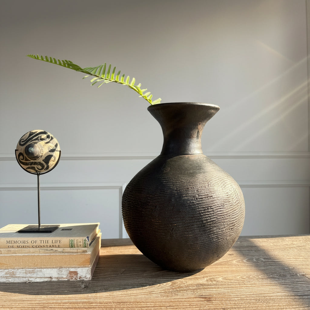brown vase with texture on table tope with books and antique spinning top