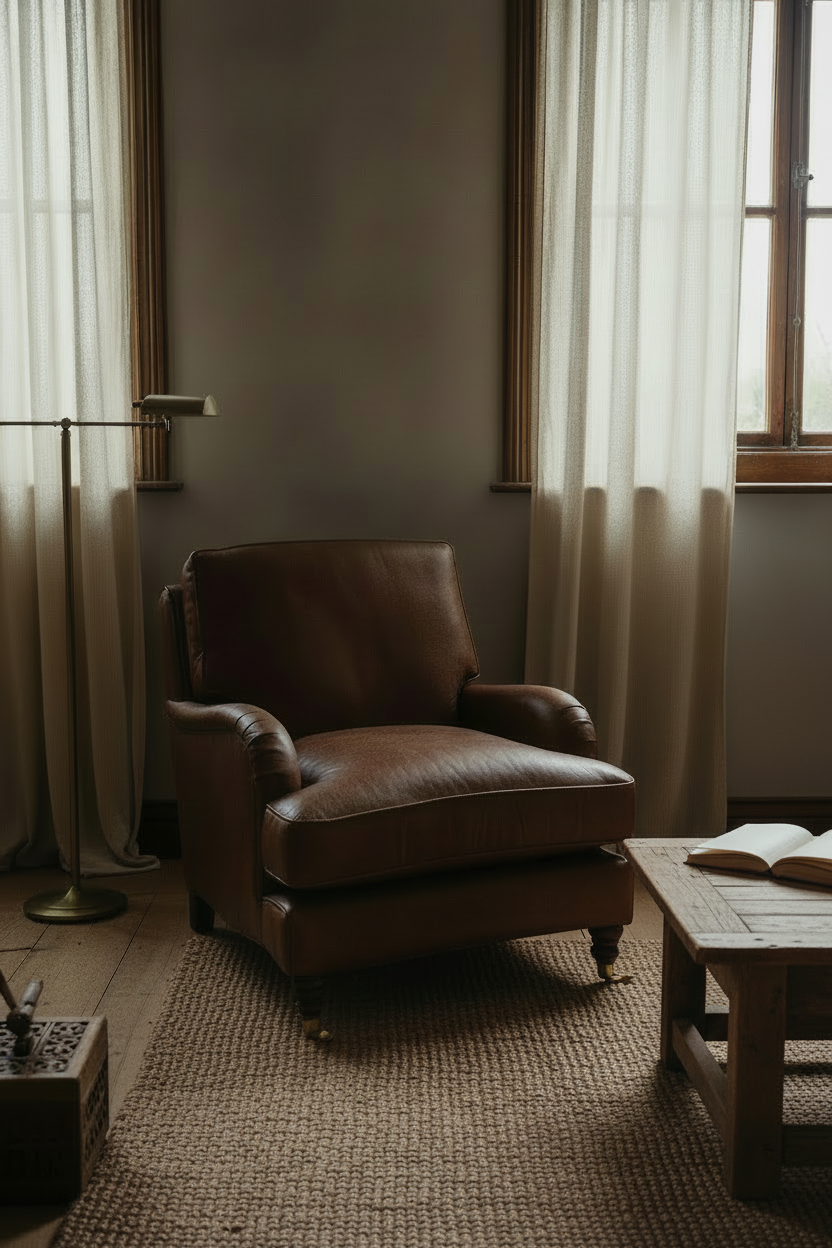Brown leather armchair in a room with curtains and a wooden table.