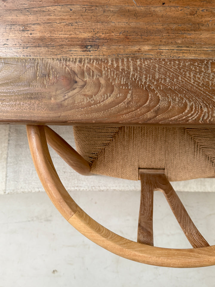 Close-up of the Henley reclaimed teak dining table showing traditional breadboard end construction and handcrafted solid teak joinery.