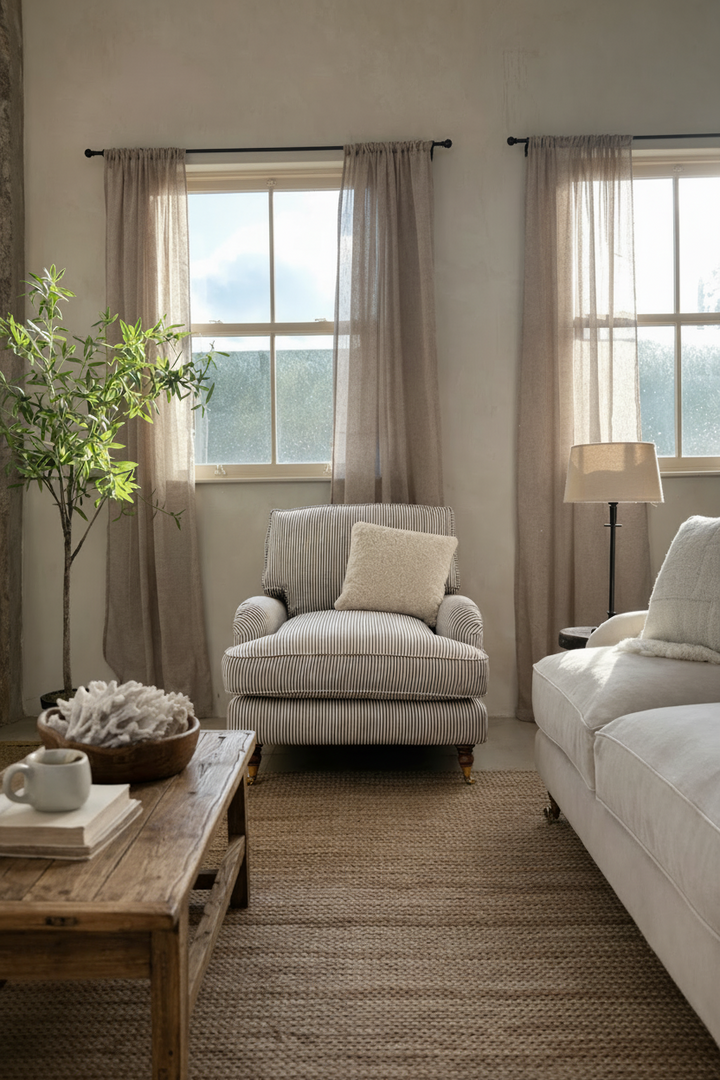 Cozy living room with beige armchair, sofa, and wooden coffee table.