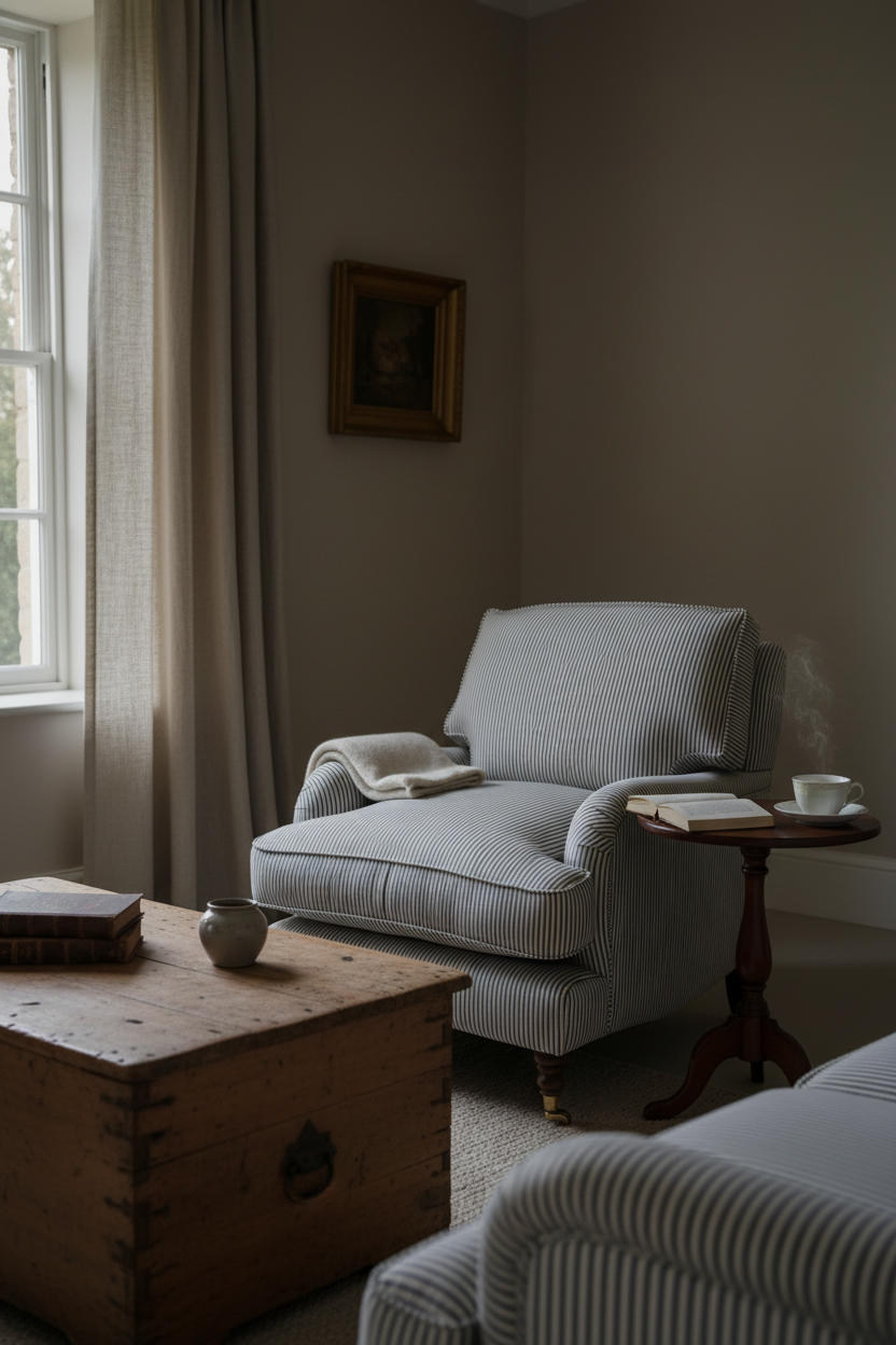Cozy living room with a striped armchair, wooden side table, and window draped with curtains.