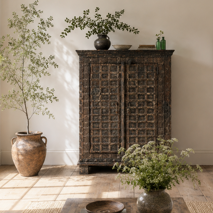Antique dowry cabinet from India in a living room with wooden cabinet, white sofa, and decorative elements.