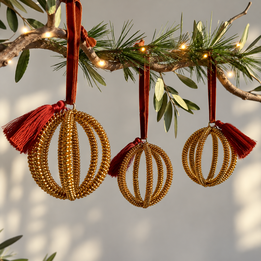 Gold Beaded Orb Christmas Decoration