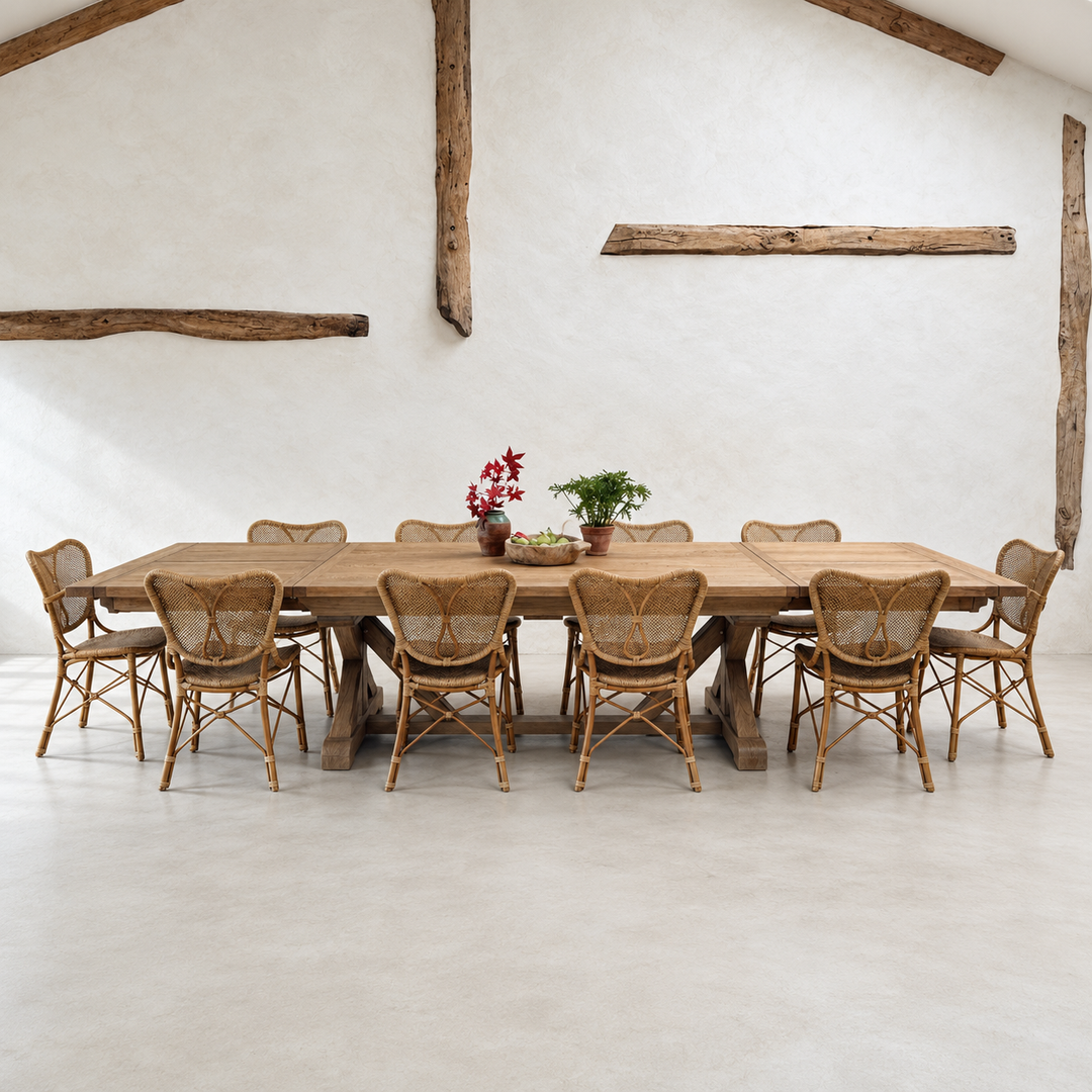 A rustic reclaimed wood oak dining table with two leaves - table extends to 350cm long