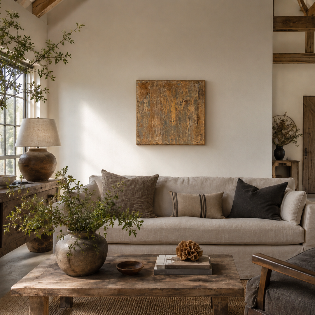 Cozy living room with a beige sofa, wooden coffee table, and rustic decor.