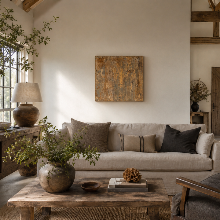 Cozy living room with a beige sofa, wooden coffee table, and rustic decor.