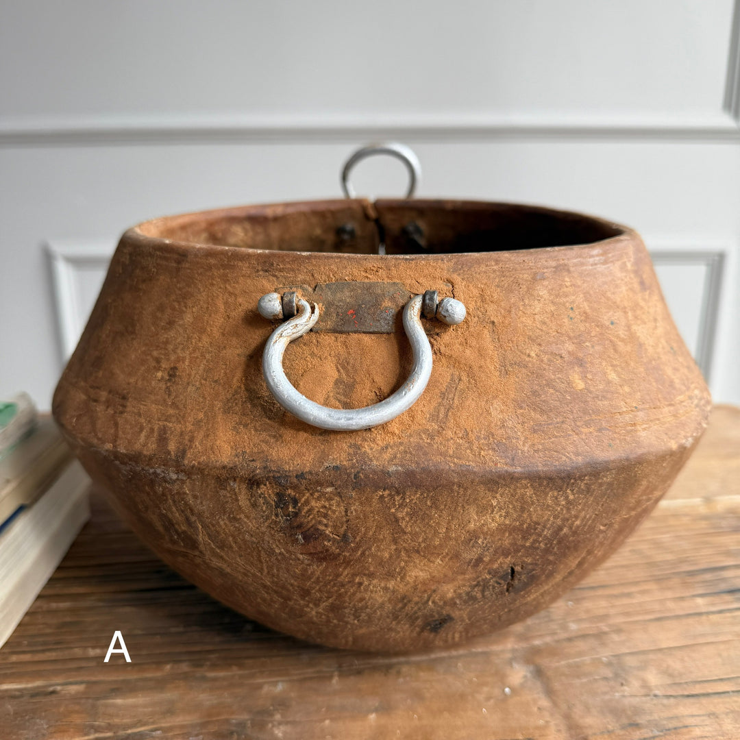 Antique moroccan wooden bowl | Metal Handles