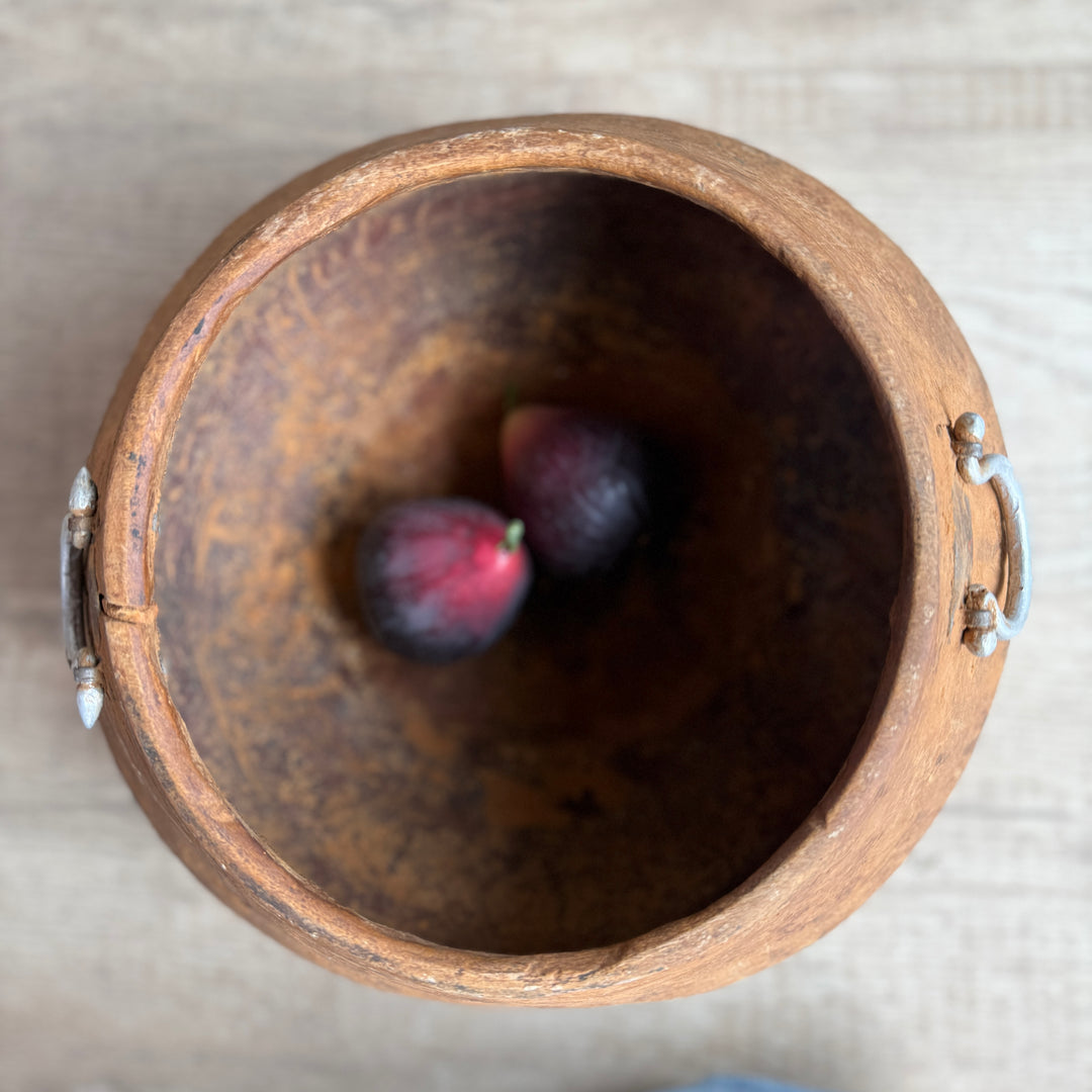 Antique moroccan wooden bowl | Metal Handles