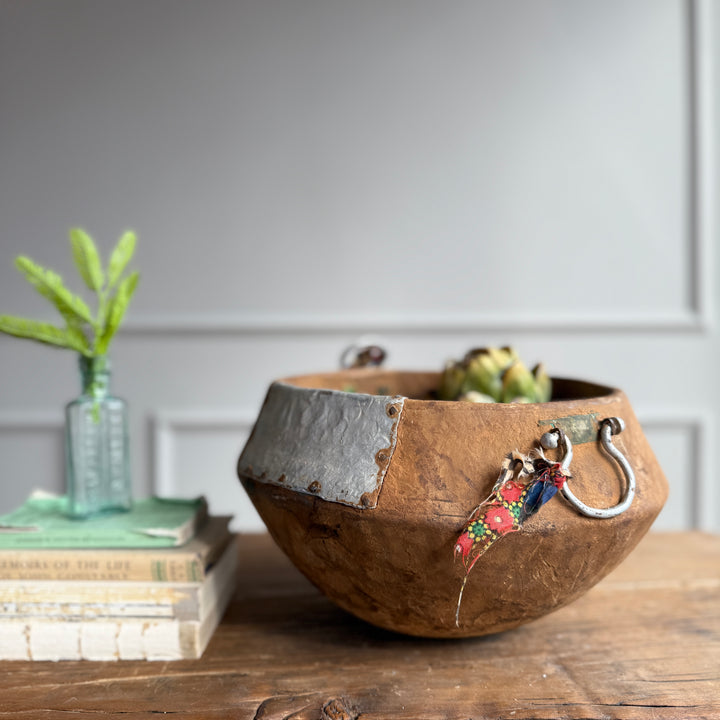 Antique moroccan wooden bowl | Metal Handles