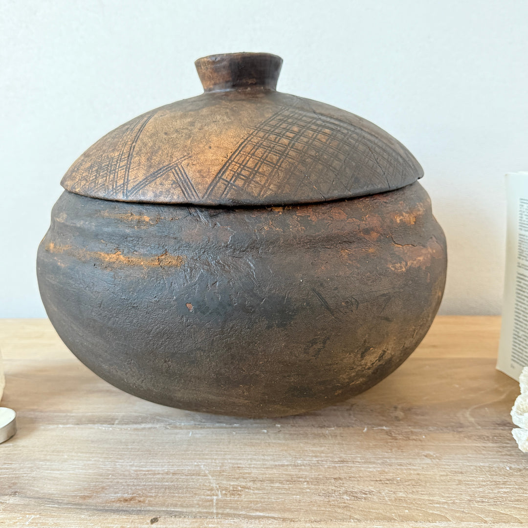 Etched Antique Moroccan Lidded Pot