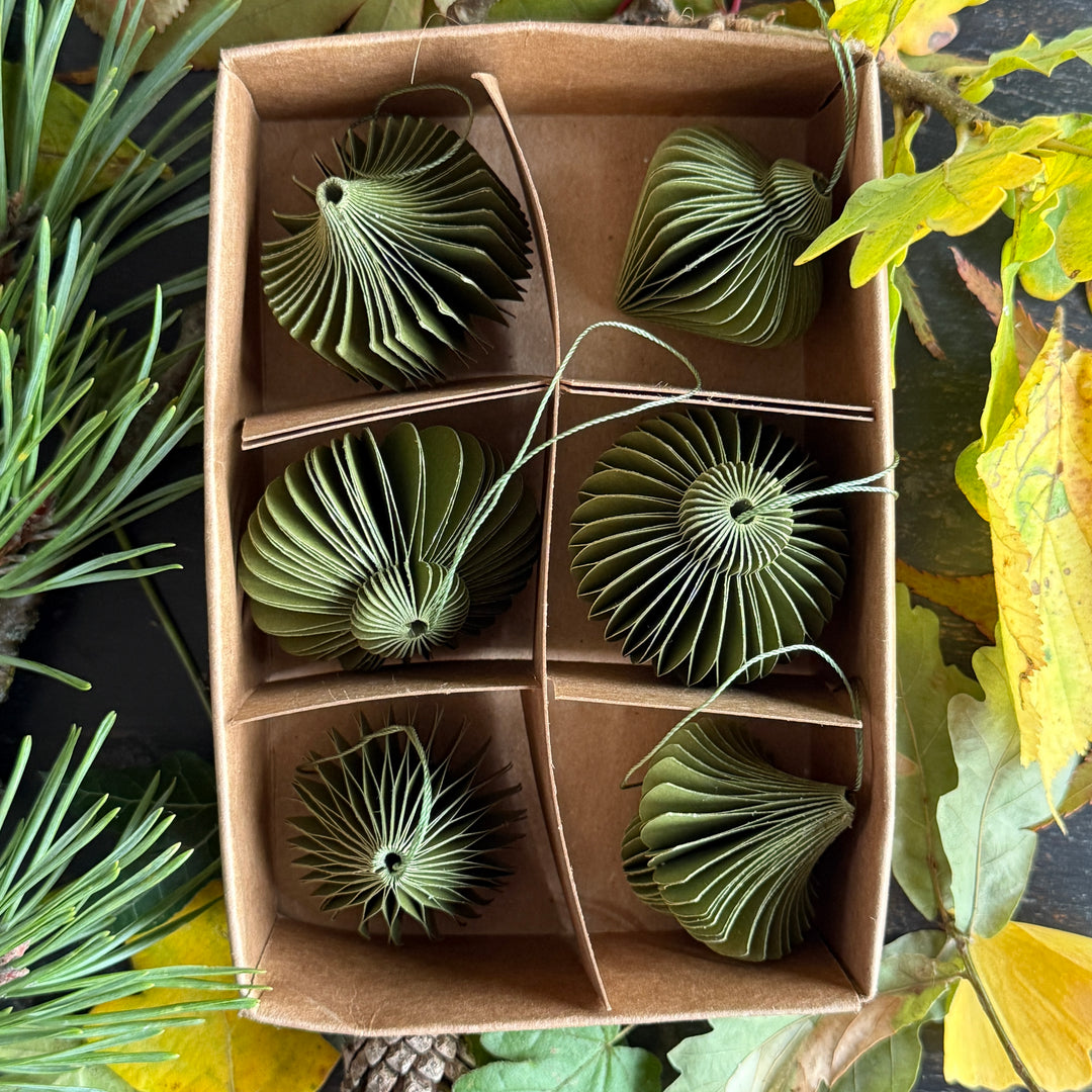Box of six folded paper traditional decorations | Green