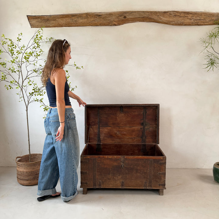 Antique Indian Wooden Storage Chest with Iron Strapwork | Adira