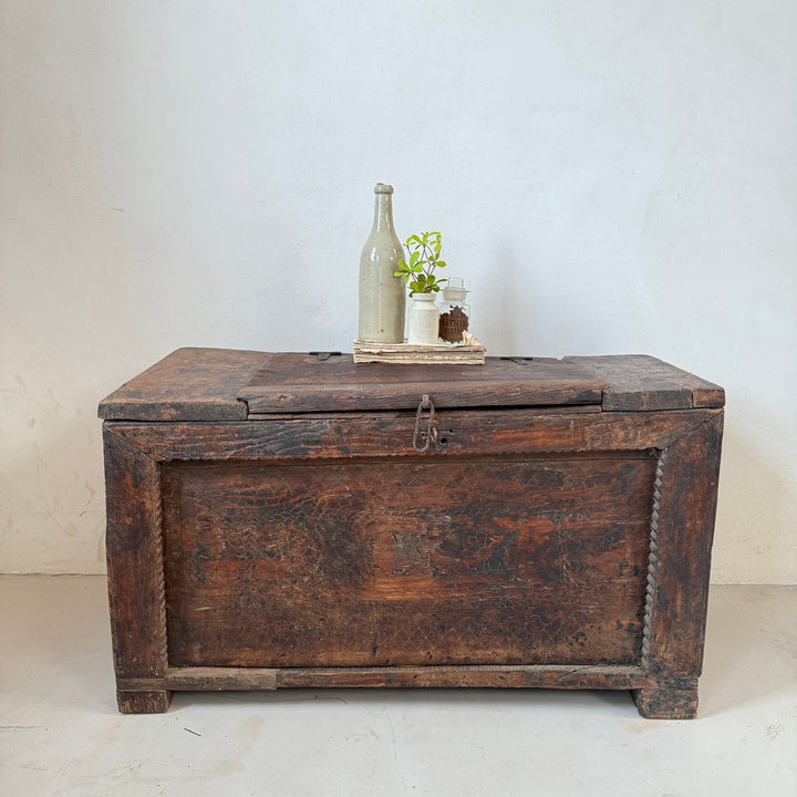 Antique Handcarved Primitive Dark Teak Blanket Box | Tari