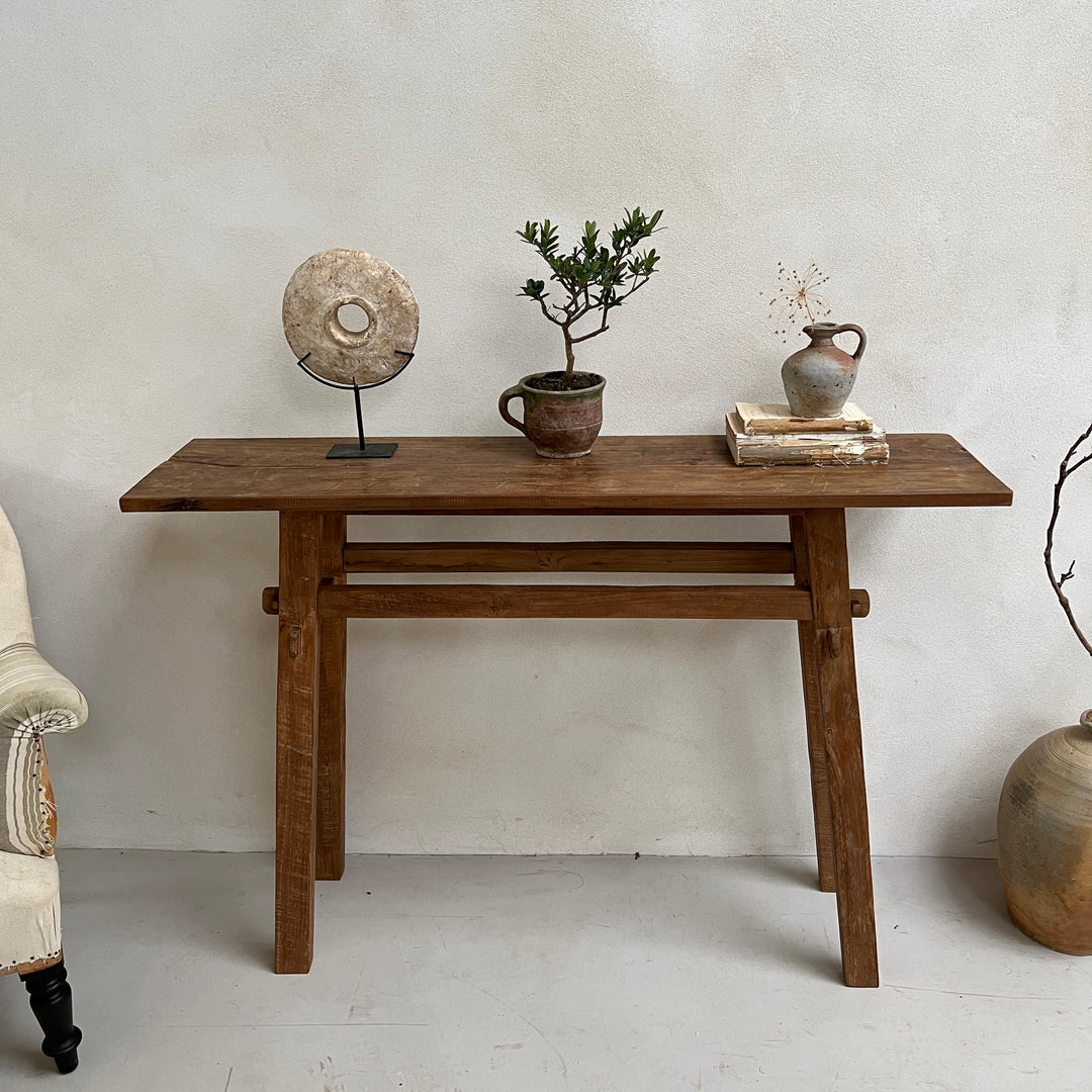 Reclaimed dark wood rustic console table 120x30cm