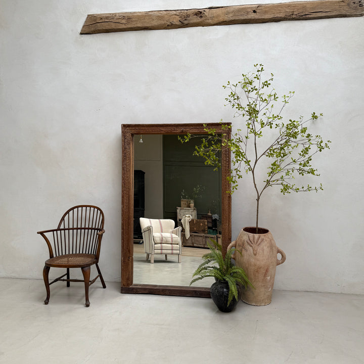 Antique Rustic Hand-Carved Wooden Full Length Mirror