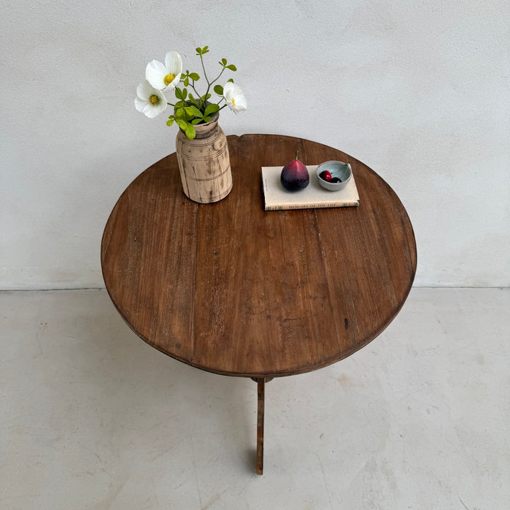 Overhead view of the Knepp round solid teak side table showcasing its circular tabletop, rich natural timber grain and handcrafted finish.