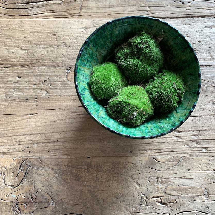 Hand Crafted Salvaged Dining Table detail with a moss bowl