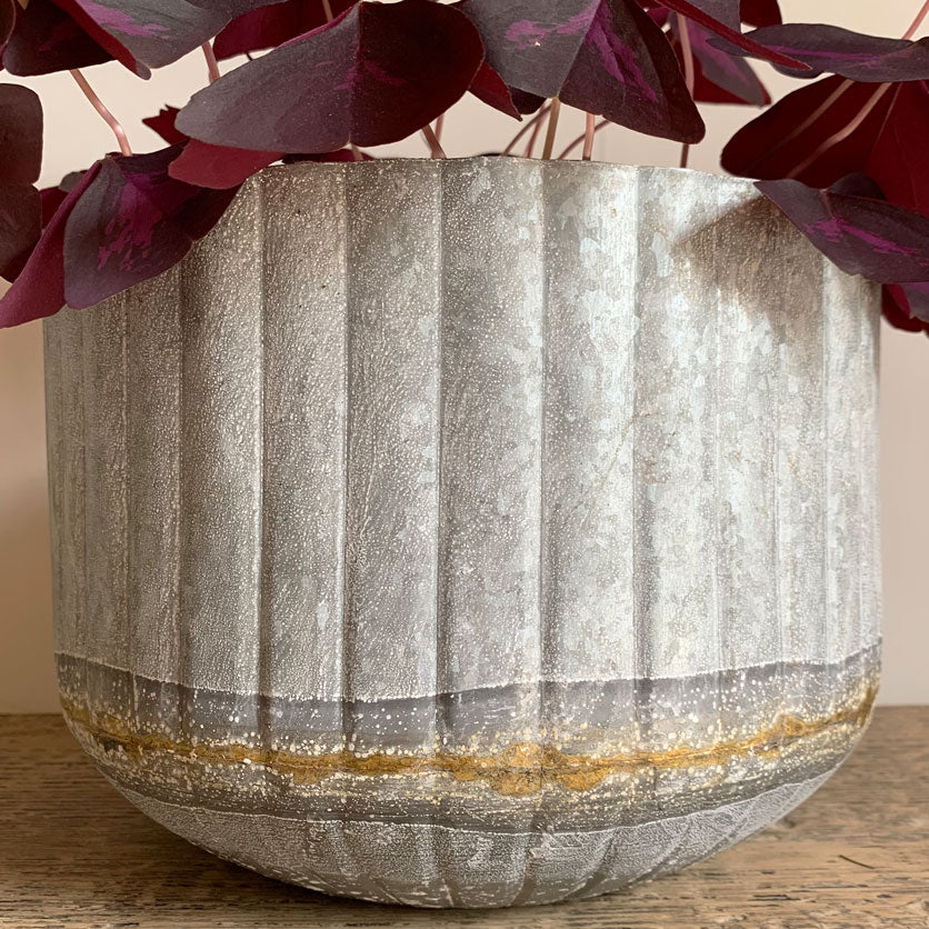 Large Ribbed Distressed Tin Plant Pot
