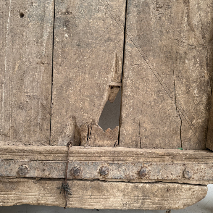 Close-up of an old wooden panel with visible wear and tear