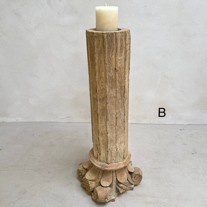Large Carved Antique Wooden Column Candlestick